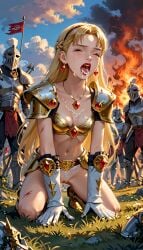 after_anal after_oral after_rape after_sex ai_generated armor armored_boots armored_female battlefield begging begging_for_mercy begging_to_stop blonde_hair crying crying_while_penetrated cum cum_in_mouth cum_on_breasts cum_on_face defeated defeated_heroine demon fight fighting gangbang gangrape gold_(metal) gold_jewelry knight long_hair on_knees original_character panties people_in_background rape red_jewel red_lipstick scared scared_expression screaming terror139 war warrior_princess_miranda white_skin yelling