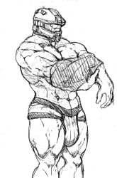 balls bara big_balls big_bulge big_penis bulge d_ron_r flaccid halo_(series) helmet male male_only master_chief monochrome muscles muscular penis solo solo_male