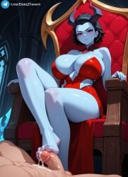 1girls ai_generated black_hair cum_on_body demon_girl domination dota_2 footjob horn huge_breasts naked penis queen_of_pain red_dress red_eyes short_hair sitting_on_throne succubus