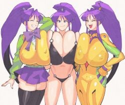 3girls arm_behind_head bikini black_thighhighs blunt_bangs bodysuit bow breast_press breasts cleavage covered_erect_nipples eiken hair_tie hand_on_own_hip highres huge_bow huge_breasts inkerton-kun inkuusan kirika_misono long_hair mecha_pilot_suit miniskirt multiple_girls navel neon_genesis_evangelion o-ring o-ring_bikini o-ring_bottom o-ring_top open_mouth plugsuit ponytail purple_bow purple_eyes purple_hair purple_skirt school_uniform sidelocks skindentation skirt smile smug sweater_vest swimsuit symmetrical_docking teeth thighhighs tongue very_long_hair yellow_bodysuit yellow_sweater_vest zashono_academy_school_uniform