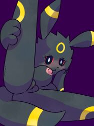 2025 3:4 anthro ass black_body black_eyes black_fur black_nose blush breasts digital_media_(artwork) eeveelution female fur generation_2_pokemon genitals hi_res looking_at_viewer lying nintendo nipples nude nude_anthro nude_female on_side pokemon pokemon_(species) purple_background pussy simple_background solo umbreon watermark xammyxx yellow_body yellow_fur