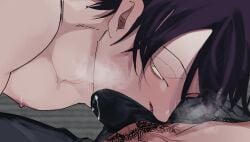 2boys breath bulge close-up dark_purple_hair eo_(artist) erection erection_under_clothes face_closeup gay gintama kawakami_bansai male male_only male_pov male_pubic_hair nuzzling nuzzling_penis pov precum precum_through_clothing pubic_hair solo_focus takasugi_shinsuke tenting yaoi