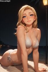 ai_generated beach bikini blonde_hair blue_eyes breasts female long_hair looking_at_viewer medium_breasts mercy mercy_(overwatch) night overwatch overwatch_2 patreon sea smile solo solo_focus uncensored watermark white_bikini