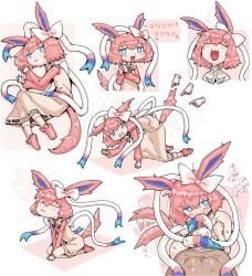 1boy :3 animal_ears blue_eyes blush bow cookie_(touhou) dress fellatio female full_body hairjob long_sleeves looking_at_viewer man_(man-room) nose_blush nyon_(cookie) open_mouth oral penis pink_hair pink_shirt pokemon shirt short_hair smile solo_focus straight sylveon translation_request v-shaped_eyebrows white_background white_bow white_dress