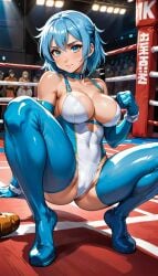 ai_generated big_breasts blue_eyes blue_hair boxing_ring latex_suit looking_at_viewer salam57 short_hair squatting