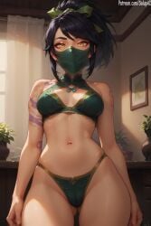 1girls ai_generated akali bra cameltoe covered_mouth dark_hair green_bra green_collar green_panties hair_ribbon indors league_of_legends lingerie mouth_mask navel panties patreon ponytail salupai standing tattoo thin_panties uncensored underwear watermark yellow_eyes