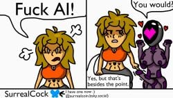 1futa 1girls 1human 2_panel_comic bald blonde_hair bluesky_logo bluesky_username dick dickgirl fuck_ai heart heart_symbol intersex orange_tank_top robophilia robot_girl ruby_(surrealcock) slut-532 surrealcock throbbing_penis