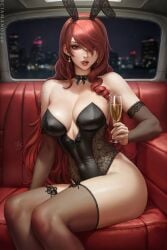 1girls absurd_res breasts bunny_ears bunny_girl bunny_suit bunnysuit car_interior champagne_glass curvaceous curvy_body curvy_female curvy_figure female_focus female_only large_breasts leggings long_hair mitsuru_kirijo persona persona_3 red_hair sciamano240 sitting solo voluptuous voluptuous_female