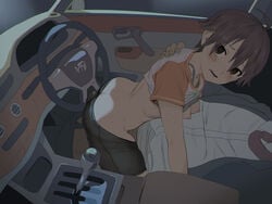 1boy 1girls 2equal8 absurdres ahoge ass ass_cleavage back bike_shorts black_shorts blue_bra blush bra bra_lift breasts breasts_out brown_eyes brown_hair butt_crack car_interior car_sex casual clothed_sex clothing dashboard dream_c_club dream_c_club_(series) dress_shirt embarrassed erection erection_under_clothes eyebrows_visible_through_hair female fingernails grey_bra grey_jacket grey_legwear grinding hair_between_eyes head_out_of_frame highres jacket looking_at_viewer looking_to_the_side medium_breasts nao_(dream_c_club) necktie nervous nipples open_mouth orange_shirt pants pants_pull raglan_sleeves raised_eyebrows red_neckwear reluctant sex shirt shirt_lift short_hair short_shorts shorts sitting small_breasts solo_focus steering_wheel straddling straight sweat sweatdrop t-shirt tomboy two-tone_shirt underwear very_short_hair white_shirt young younger_female