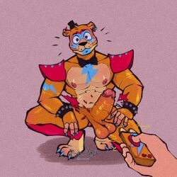 1:1 2025 animatronic anthro balls bear blue_eyes bow_tie bracelet claws clothed clothing confusion controller crouching digital_media_(artwork) duo erection five_nights_at_freddy's five_nights_at_freddy's:_security_breach fur genitals glamrock_freddy hat headgear headwear hi_res human humanoid_genitalia humanoid_penis jewelry looking_at_viewer looking_down machine makeup male mammal multicolored_body multicolored_fur muscular muscular_male nipples only_male orange_body orange_fur painted_claws pecs penis piercing remote_control robot ryonane scottgames shoulder_pads simple_background solo spiked_bracelet spikes steel_wool_studios unwanted_erection