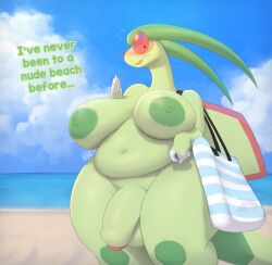 anthro atherol balls beach belly big_balls big_breasts big_penis blush breasts cloud day dialogue embarrassed english_text flaccid flygon front_view generation_3_pokemon genitals gynomorph hi_res huge_breasts intersex nintendo nude nude_beach outside overweight overweight_anthro overweight_gynomorph overweight_intersex penis pokemon pokemon_(species) red_eyes sea sky solo text thick_thighs water