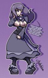 blush blush breasts breasts chabble hex_maniac hex_maniac_(pokemon) pokemon pokemon_legends:_z-a purple_eyes purple_hair ripped_clothing swirly_eyes