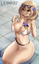 1girls bikini breasts brown_hair curvy_figure eye_contact female flower flower_in_hair genshin_impact green_eyes leonart lisa_(genshin_impact) long_hair looking_at_viewer solo sunglasses sunglasses_on_head thick_thighs thighs thong wide_hips