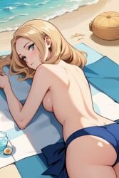 ai_generated beach beach_towel blonde_hair blue_eyes maria_robotnik topless