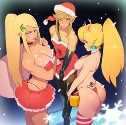 1boy 2girls absurdres ass big_ass big_breasts bikini blonde_hair blue_eyes blush bowser_logo bowser_tattoo bra branding_mark breasts christmas cleavage clothing combos-n-doodles crossdressing crossover dress embarrassed female femboy girly high_ponytail highres large_breasts link long_hair long_ponytail looking_at_viewer looking_back male mario_(series) metroid miniskirt multiple_girls nintendo panties ponytail princess_peach red_bikini red_dress revealing_clothes samus_aran short_dress skirt standing swimsuit the_legend_of_zelda thighhighs thong tied_hair tramp_stamp trap tubetop