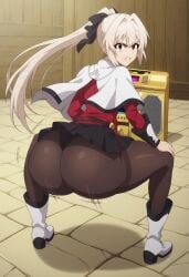 1girls ai_generated angry black_ribbon black_skirt bouncing_ass caplet grey_hair hair_between_eyes hair_ribbon long_sleeves looking_at_viewer looking_back pantyhose pleated_skirt private_post red_eyes red_shirt ribbon shirt skirt solo upskirt white_capelet