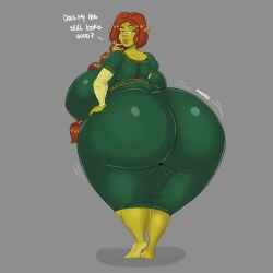 1female 1girls back_turned back_view bare_feet bubble_butt english_text facing_viewer female flavorcream giant_tits green_skin huge_ass hyper_ass hyper_butt hyper_tits massive_ass ogre ogress_fiona princess princess_fiona princess_fiona_(ogre) red_hair royalty shrek_(series) skin_tight solo_female speech_bubble tagme text text_bubble tight_clothing tight_dress twitter_link wobbling_ass wobbling_butt