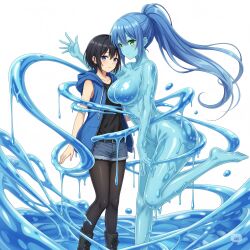 2girls ai_generated black_boots black_hair black_legwear black_shirt blue_eyes blue_hair blue_hoodie breasts cleavage female green_eyes hair human_female large_breasts long medium_breasts nude ponytail short_hair sleeveless_shirt slime slime_girl
