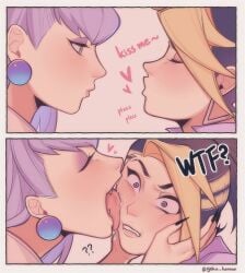 2girls akali awaiting earrings evelynn eyeliner face_grab face_licking female female/female female_only grabbing_face holding_face k/da_all_out_akali k/da_all_out_evelynn k/da_all_out_series kissing league_of_legends lesbian lesbian_kiss licking licking_face pointed_teeth pointy_teeth wukenn yuri