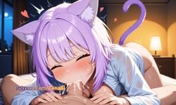 1boy 1girls ai_generated animal_ear_fluff animal_ears bangs bed bedroom blush breasts cat_ears cat_girl cat_tail closed_eyes cum cum_in_mouth fellatio female heart hololive indoors long_sleeves naked_shirt nekomata_okayu night oral patreon penis purple_eyes purple_hair shirt solo_focus straight sweat tail virtual_youtuber wet wet_pussy white_shirt zenaai