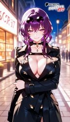 ai_generated black_stockings boosterred99 coat earrings honkai:_star_rail kafka_(honkai:_star_rail) large_breasts naughty_face purple_eyes purple_hair seductive_smile smile stockings street thick_thighs thighs trenchcoat