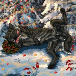 1:1 animal_genitalia animal_pussy anus black_body black_fur black_nose black_pawpads black_pussy bodily_fluids candy_cane_in_mouth canid canine canine_genitalia canine_pussy cheek_tuft chest_tuft christmas christmas_tree facial_tuft female feral front_view fur genital_fluids genitals grey_body grey_fur hi_res holidays looking_at_viewer lying mammal markings msdeadsoul neck_tuft on_side pawpads plant presenting presenting_anus presenting_pussy pussy shrub snow solo spread_legs spreading tree tuft vaginal_fluids white_markings yellow_eyes