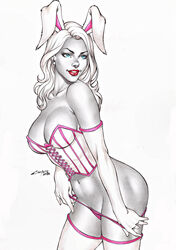 1girls abstract_background animal_ears ass background batman_(series) big_ass big_breasts blue_eyes breasts bunny_ears bunny_girl bunny_tail busty carlos_braga cleavage corset curvaceous curvy dat_ass dc dc_comics deviantart erect_nipples eyeshadow female female_only from_behind gloves human jaina_hudson large_breasts long_ears long_hair makeup mascara mask metahuman new_52 nipple_bulge nipples panties pink_corset pink_lips pink_mask pink_panties pink_thong pink_underwear pinup signature smile solo stockings supervillain thick_ass thick_thighs thighs thong underwear voluptuous watermark white_background white_corset white_gloves white_hair white_rabbit white_rabbit_(dc) white_stockings