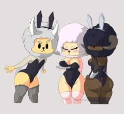 amoroussheep anthro asher_(amoroussheep) ass big_butt breast_squish breasts bunny_costume bunnysuit caprine costume female humanoid junie_(amoroussheep) male mammal presenting presenting_hindquarters russ_(amoroussheep) scruffin sheep short_stack trio