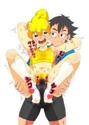 1boy 1boy1girl 1girl ash_ketchum blank_background blonde_hair cheating cheating_girlfriend erection erection_under_clothes exercise female foot_play footjob kurage netorare ntr pokemon pokemon_(anime) pokemon_(manga) pokemon_adventures satoshi_(pokemon) sweat sweat_stain training yellow_(pokemon)