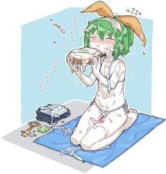 :t bikini blush bow bread bread_slice bukkake closed_eyes closed_mouth colored_skin condom cookie_(touhou) cum cum_on_body cum_on_hair cum_on_hands cum_on_legs daiyousei diyusi_(cookie) eating eating_cum facial female food full_body gokkun green_hair hairbow man_(man-room) nose_blush seiza short_hair sitting solo swimsuit toast touhou unworn_clothes used_condom white_bikini white_skin yellow_bow