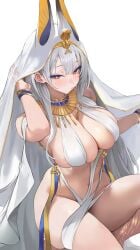 +_+ ancient_egyptian_clothes azur_lane bracelet breasts cleavage eyeliner female gold_bracelet hand_up highres jewelry large_breasts makeup official_alternate_costume preview_(preview0) purple_eyeliner revealing_clothes scylla_(a_maid's_judgment)_(azur_lane) scylla_(azur_lane) solo symbol-shaped_pupils usekh_collar veil white_background white_hair white_veil