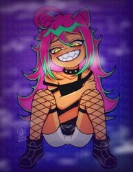 affection_addiction_(character) big_smile boots cmiscalc colored_nails ear_piercing foggy fully_clothed green_hair grin grinning_at_viewer laptop lifting_leg multicolored_hair pink_hair pink_sclera sharp_teeth sitting smile vocalokat