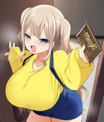 annoyed_expression blonde_hair blue_eyes holding_object huge_breasts kousaka_airi_(bebebe) long_hair manabebebe skirt sweater yellow_sweater