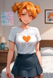 ai_generated alisa_(everlasting_summer) bed bedroom everlasting_summer freckles genhartist qr_code red_hair short_hair short_twintails skirt smile standing t-shirt