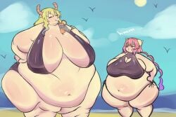 2girls bbw beach bikini fat_arms fat_legs fat_thighs female female_only gigantic_breasts huge_belly ilulu_(dragon_maid) jealous kobayashi-san_chi_no_maidragon lucoa massive_breasts missicake overweight overweight_female swimsuit weight_gain