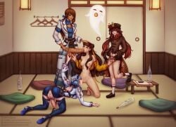 1girls 3futas cathy_huggins eternal_return:_black_survival eula_(genshin_impact) female futa_on_female futanari gangbang genshin_impact hoyoverse hu_tao_(genshin_impact) li_dailin_(black_survival) light-skinned_female light-skinned_futanari light_skin orgy owlnotatall