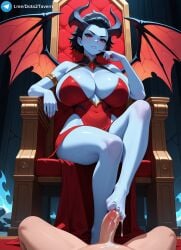 1girls ai_generated black_hair cum_on_body demon_girl domination dota_2 footjob horn huge_breasts naked penis queen_of_pain red_dress red_eyes short_hair sitting_on_throne succubus