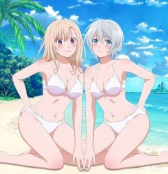 2girls bare_legs bare_shoulders blonde_hair blue_eyes cleavage large_breasts long_hair medium_breasts on_knees short_hair silver_hair white_bikini