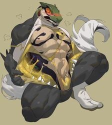 anthro better_version_at_source black_ink black_stripes blush clothing colloid cxcxxcxxxx devour gelatinous lizardman male male_only multicolored_body muscular muscular_anthro muscular_male reptile scalie solo stripes teeth tight_clothing