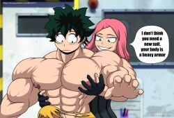 abs biceps boku_no_hero_academia buffboy bulge_through_clothing deku deltoids forearms groping hatsume_mei izuku_midoriya large_penis mei_hatsume mha midoriya_izuku muscle_girl muscular muscular_female muscular_male my_hero_academia pecs pectorals penis riseart77