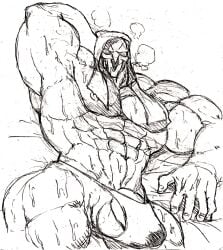 balls bara big_balls big_penis bulge d_ron_r flaccid male male_only monochrome muscles muscular overwatch penis reaper solo solo_male sweat sweating