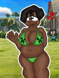 a_minecraft_movie black_hair chubby chubby_female creeper_(minecraft) dark-skinned_female dark_skin dawn_(a_minecraft_movie) female green_bikini heart jack_black male minecraft zoyeensadart