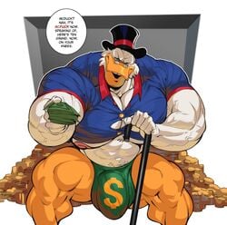 1boy animal anthro big_penis boosterpang cigar disney duck ducktales gold male male_only money muscular muscular_anthro scrooge_mcduck solo solo_male speech_bubble thong tight_clothing