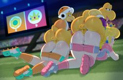 2boys 2girls anal anal_sex anus ass audience blonde_hair bubble_butt clothing exhibitionism female football football_player football_uniform footwear from_behind from_behind_position group_sex hammer_bros. handwear huge_ass huge_cock human interspecies koopa_troopa male mario_(series) mario_strikers nintendo orange_shorts pale_skin penis pink_shorts princess_daisy princess_peach public public_sex saliva shorts shorts_down somescrub sportswear stadium sweat