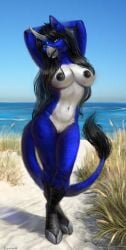 anthro avian beach beak black_hair blue_body blue_eyes blue_fur cloven_hooves day eleacat female front_view fur genitals gryphon hair hands_behind_head hi_res hooves horn mythological_avian mythological_creature mythology outside pose pussy sea seaside sky smile solo standing tail tail_tuft tuft water