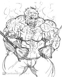 amatsumara_(tokyo_afterschool_summoners) balls bara body_hair bulge d_ron_r facial_hair flaccid male male_only monochrome muscles muscular musk penis shirtless solo solo_male sweat sweating tokyo_afterschool_summoners