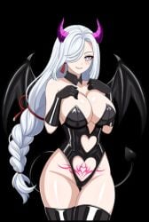 cosplay genshin_impact hfxpins seductive_smile shenhe_(genshin_impact) succubus succubus_horns succubus_tail succubus_tattoo succubus_wings white_hair