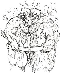 balls bara beard body_hair bulge d_ron_r facial_hair flaccid jinn_(tokyo_afterschool_summoners) male male_only monochrome muscles muscular musk penis sweat sweating tokyo_afterschool_summoners triton_(tokyo_afterschool_summoners)