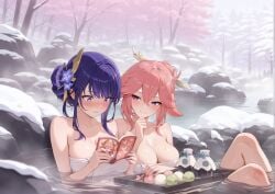 blush cherry_blossoms genshin_impact hot_spring hoyoverse mihoyo onsen raiden_ei raiden_shogun reading reading_book snow towel wearing_towel yae_miko