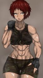 1girls 2020 abs booty_shorts breasts fingerless_gloves muscular_female open_mouth original red_hair sandra_(zokusuke) short_hair solo sports_bra sweat tan_skin yellow_eyes zokusuke